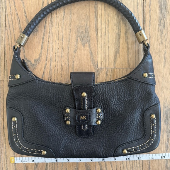 Michael Kors Black Leather Shoulder Purse with Braided Strap and Gold Detailing - Picture 11 of 13